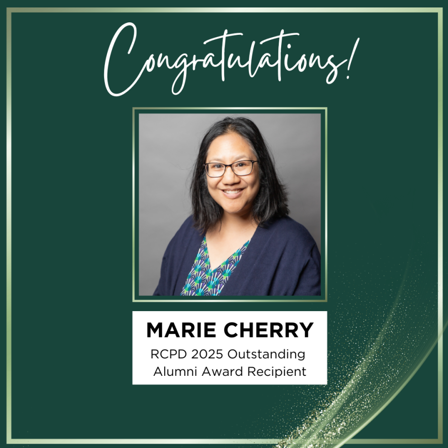 Photo of Marie, smiling, wearing a green blouse with navy sweater. Copy reads, Congratulations! Marie Cherry; 2025 RCPD Outstanding Alumni Award Recipient